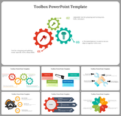 A pack of toolbox slides featuring icons of tools like a wrench, axe, and screw in colorful gears on a white background.