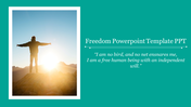 Person with arms wide open on a mountain peak at sunrise. Right side shows placeholder text area with a quote on freedom.