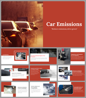 Slide deck with red accents, featuring images of cars emitting exhaust, and sections on climate change and regulations.