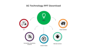 5G technology slide with central green circle labeled '5G' and surrounding icons representing different applications.