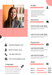 A professional on a one page resume  with sections for profile, and up to languages  placeholder text and icons.