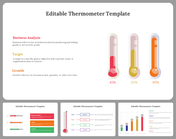 Slide deck featuring editable thermometer graphics in varying colors, representing progress for various business metrics.