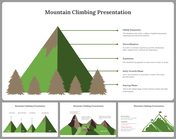 Slide deck with mountain visuals, outlining business growth phases from startup to global expansion in green theme.