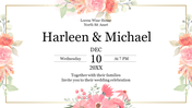 Wedding invitation slide design featuring floral accents, announcing Harleen and Michael's wedding on december 10.