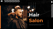 Hair salon slide deck showcasing various services with images of haircuts, styling, treatments, and salon experiences.