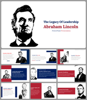 Slide deck featuring monochrome illustrations of Abraham Lincoln, covering his early life, presidency, and impact.