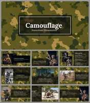 Camouflage themed slide deck with military visuals, discussing the purpose, types, and use in nature and defense.