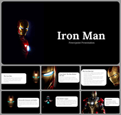 Pack of slides featuring Iron Man images, with white text boxes on dark backgrounds, highlighting key aspects.