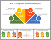 Slide featuring a diagram of waste management processes with colorful icons and numbered sections with placeholder text.