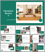 Literature review-themed slides with an image of a desk, books, and eyeglasses, framed by green and white geometric shapes.