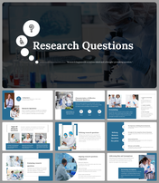 Slide deck with a lab background, icons, and sections covering research types, formulation, and evaluation in blue accents.