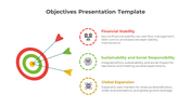 Objectives presentation slide with bullseye target hitting three dart in red, green, and yellow, each with text.