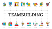 Slide layout for team building activities, showcasing a grid of icons related to teamwork centered around the title text.