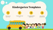 Colorful kindergarten slide featuring a school bus and children holding hands, with four numbered sections for text.