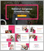 A slide deck preview for national gorgeous grandma day, showcasing pink-themed designs and images of families.