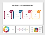 Pack of recruitment process improvement slides showcasing four key stages with different colorful layout designs with icons.