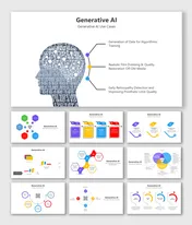 Infographic on generative AI slides showcasing many colorful different layout designs and icons with text descriptions.