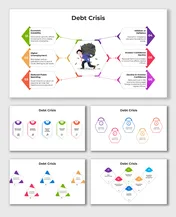 Illustration of debt crisis effects with icons showing economic instability, unemployment, and reduced public spending.