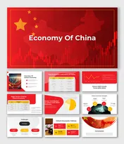 Presentation on China's economy with GDP trends, key sectors, policies, and growth indicators highlighted.