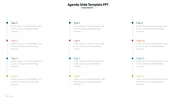 Agenda template with a twelve-day schedule, displaying text for each day in two columns, with colored bullet points.