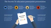 Education slide featuring a clipboard held by hands in the center, with four colorful icons at the top on a blue background.