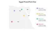 Gray outline map of Egypt with four colorful markers indicating key locations, each linked to corresponding captions.