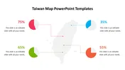 Map of Taiwan in the center with four pie charts in red, green, blue, and orange, each with percentage labels.