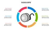 Central yo-yo illustration surrounded by a colorful six segmented ring, with space for text on both sides.