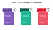 Three-section layout with purple, green, and red banners summarizing survey objectives with placeholder boxes.