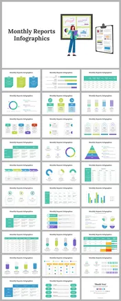 Slide deck on monthly report designs displayed in a grid layout, featuring charts, graphs, and diagrams in various colors.