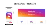 Instagram slide featuring a smartphone with the Instagram logo, post statistics, and a gradient text box.