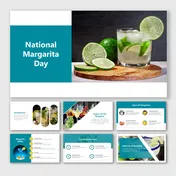 Slide deck cover showing a glass of margarita with lime wedges on a wooden board, with national margarita day text.