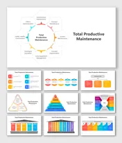 Circular infographic displaying total productive maintenance with eight labeled segments surrounding a central placeholder.