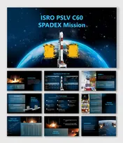 ISRO PSLV C60 SPADEX Mission deck showcases vibrant visuals of the rocket launch, POEM-4 module, and docking mechanisms.