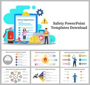 Safety PPT template featuring illustrations of safety regulations with six layout design slides previews below.