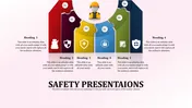 Color-coded safety slide with headings and icons related to health, security, and safety measures with text area.