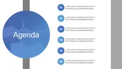 Agenda slide with six numbered bullet points and a large blue circle on the left with text.