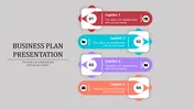 Business plan slide with four numbered blocks in red, blue, purple, and orange, arranged vertically, on a gray background.