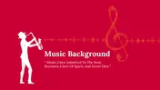 Music-themed slide with a  silhouette of a saxophonist and a yellow treble clef formed by soundwaves on a red background.