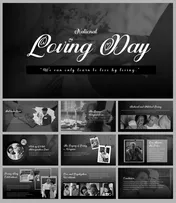 Monochrome slide deck about National Loving day featuring images of family, history, legal aspects, and celebration details.