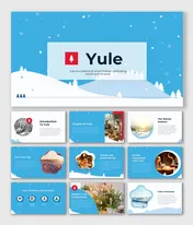 Yule deck with winter blue graphics, highlighting the origins, solstice, symbols, Yule log, feasts, and renewal traditions.