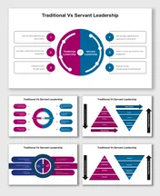 Traditional vs. servant leadership slides featuring contrasting color-coded diagrams, circle designs, and hierarchy pyramids.