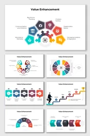 Colorful diagrams illustrating value enhancement strategies, including innovation, problem-solving, and stakeholder engagemen