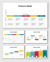 Tuckman's Model slides illustrating team development stages with colorful charts, diagrams, and placeholders for descriptions