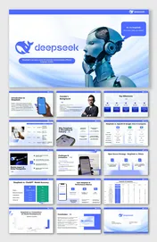 DeepSeek AI presentation with a futuristic robot, blue wave design, rounded text boxes, comparison tables, timeline.