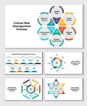 Critical Risk Management Process: Six-step diagrams in hexagon, circle, and star shapes with blue, red, orange, and purple.