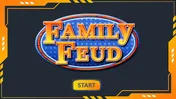 Family feud game slides featuring game rounds, questions, and a winner announcement on a dark backdrop.