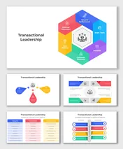 Explains Transactional Leadership with structured visuals, roles, and processes in teal and white accents.