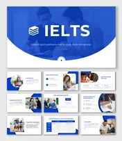 IELTS presentation featuring test types, scoring system, and templates tips with blue-themed visuals, icons, and text boxes.