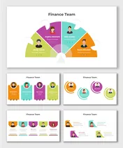 Team-focused slide featuring Finance Team profiles with clean designs, bold colors, circular shapes, and star ratings.